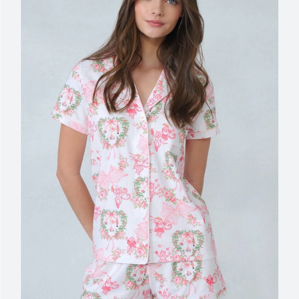 Roller Rabbit X LoveShackFancy Merry Monkey Beaux Polo Pajamas Holiday Pink XS
